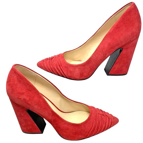 NINE WEST Harlynn Red Suede Ruche Vamp Block Heel Pumps - Picture 6 of 11